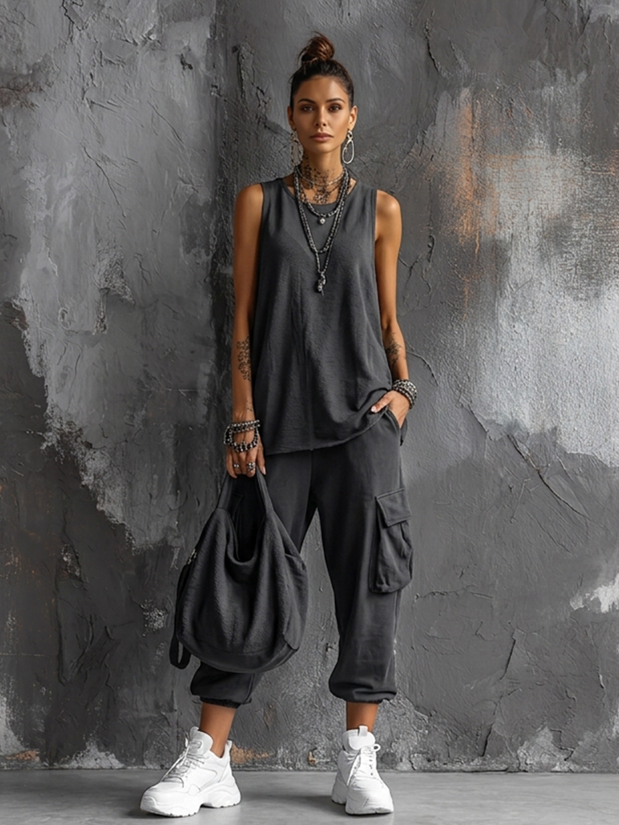 Casual Style Dark Gray Cotton Blend Sleeveless Top + Jogger Cargo Pants Set
