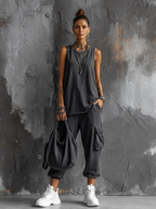 Casual Style Dark Gray Cotton Blend Sleeveless Top + Jogger Cargo Pants Set