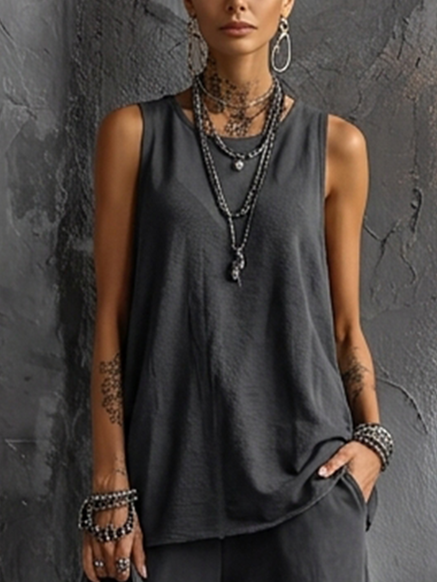Casual Style Dark Gray Cotton Blend Sleeveless Top + Jogger Cargo Pants Set