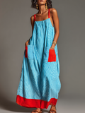 Vacation Style Linen-Cotton Striped Color Block Spaghetti Strap Maxi Dress With Pockets