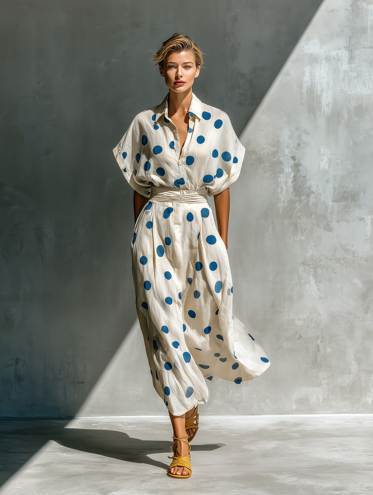 Linen-Blend Polka Dot Shirt Dress
