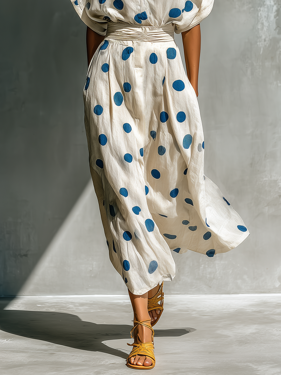 Linen-Blend Polka Dot Shirt Dress
