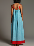 Vacation Style Linen-Cotton Striped Color Block Spaghetti Strap Maxi Dress With Pockets