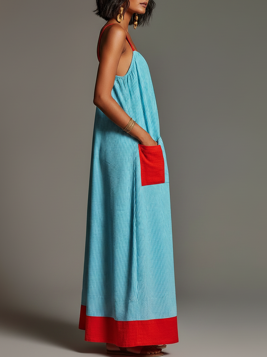 Vacation Style Linen-Cotton Striped Color Block Spaghetti Strap Maxi Dress With Pockets