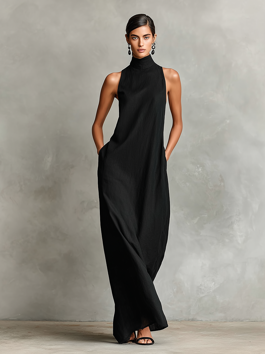 High-Neck Pocket Maxi Dress