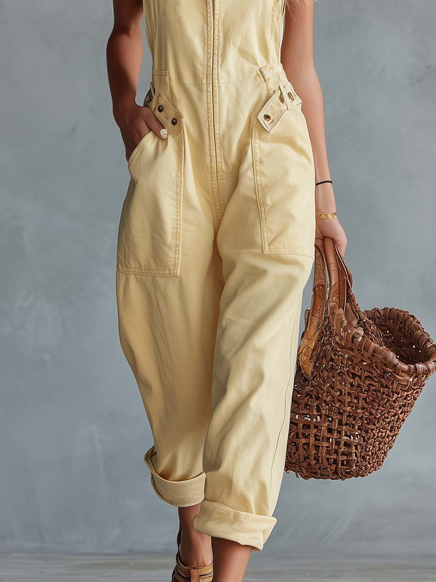 Retro Zip-Front Belted Jumpsuit