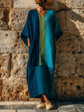 Vacation Style Linen-Blend Color Block Caftan Maxi Dress With Pockets