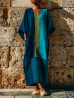 Vacation Style Linen-Blend Color Block Caftan Maxi Dress With Pockets