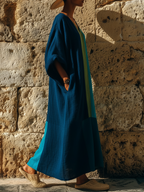Vacation Style Linen-Blend Color Block Caftan Maxi Dress With Pockets