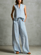 Striped V-Neck Trouser Set