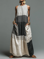 Linen-Blend Color Block Striped Sleeveless Maxi Dress With Pockets