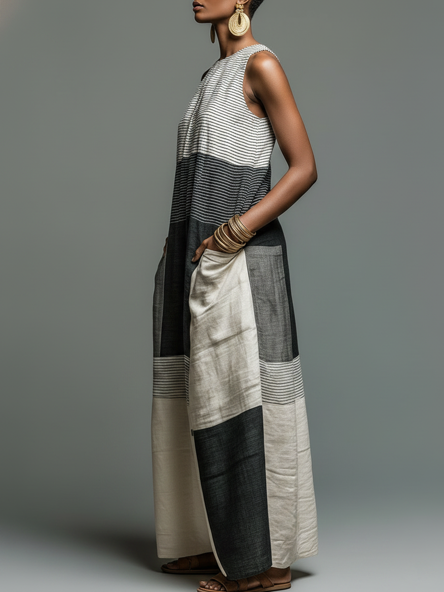 Linen-Blend Color Block Striped Sleeveless Maxi Dress With Pockets