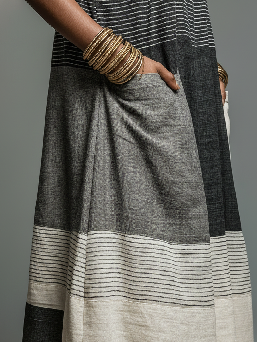 Linen-Blend Color Block Striped Sleeveless Maxi Dress With Pockets