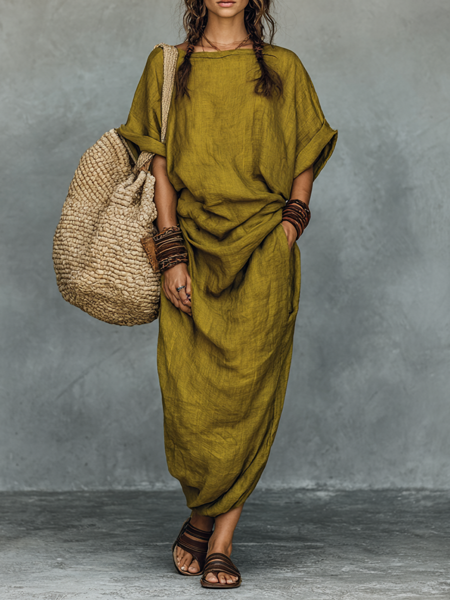 Vintage Cotton-Linen Round-Neck Short-Sleeve Maxi Dress