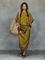 Vintage Cotton-Linen Round-Neck Short-Sleeve Maxi Dress