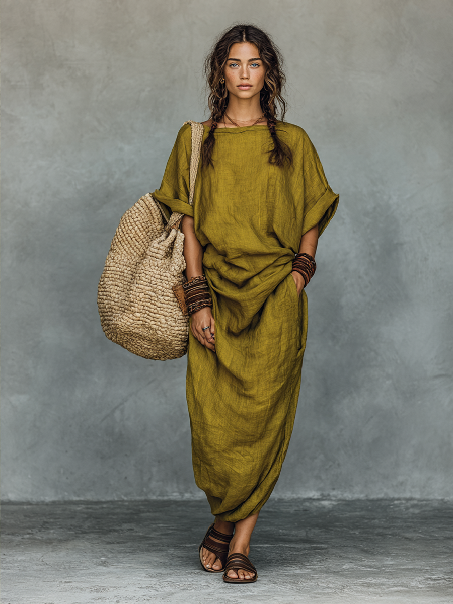 Vintage Cotton-Linen Round-Neck Short-Sleeve Maxi Dress