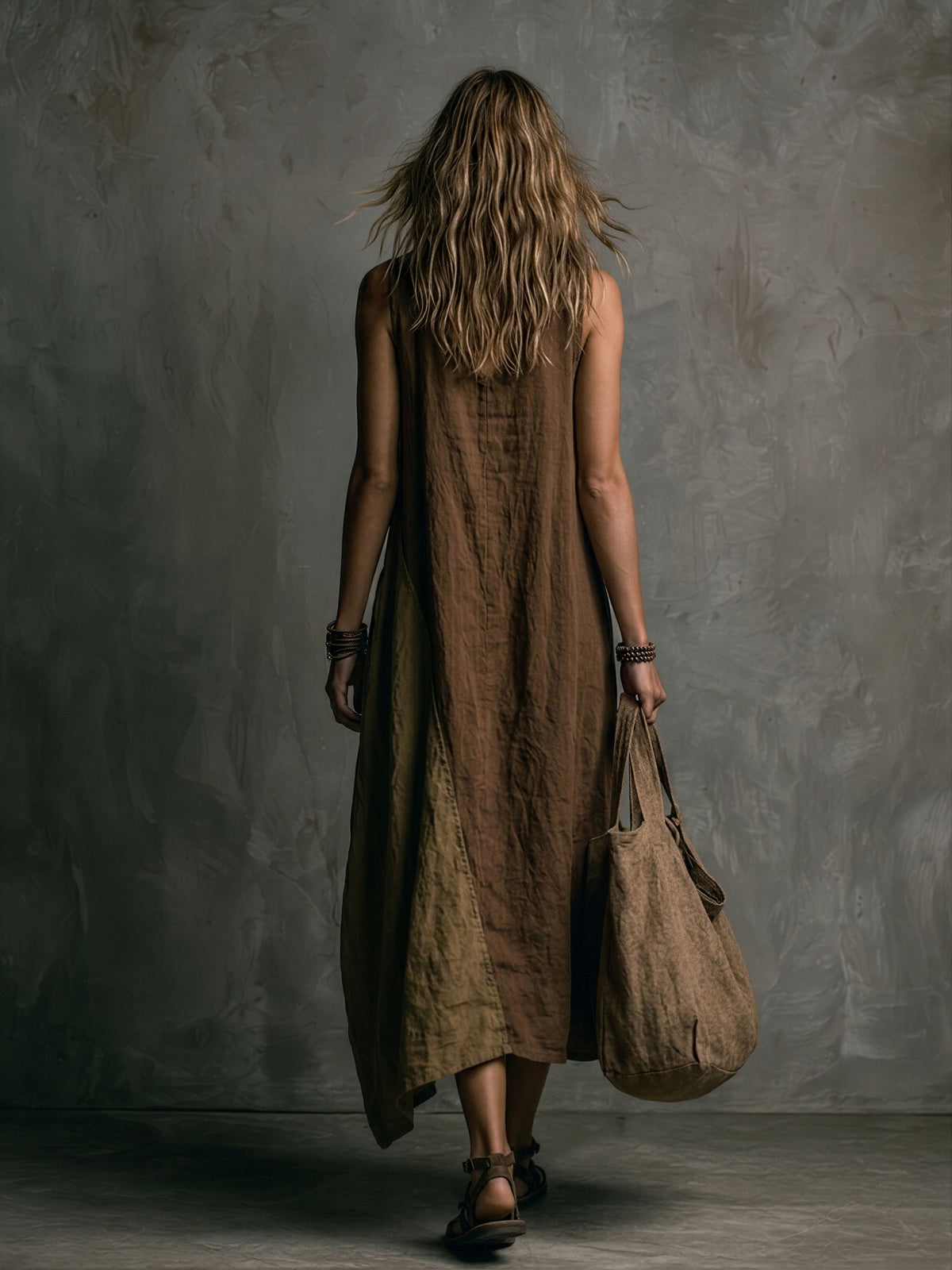 Brown And Khaki Cotton-Linen Patchwork V-Neck Sleeveless Asymmetrical Long Dress