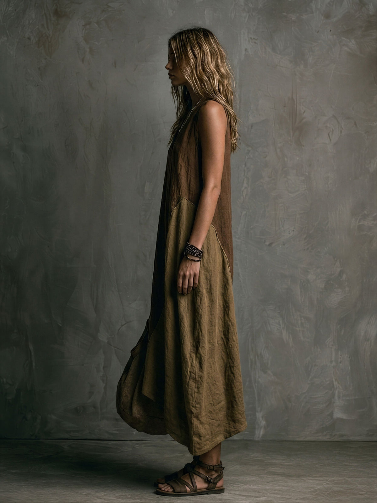 Brown And Khaki Cotton-Linen Patchwork V-Neck Sleeveless Asymmetrical Long Dress