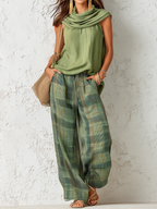 Vintage-Inspired Casual Chic Sleeveless Top And Plaid Trousers Set