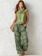 Vintage-Inspired Casual Chic Sleeveless Top And Plaid Trousers Set