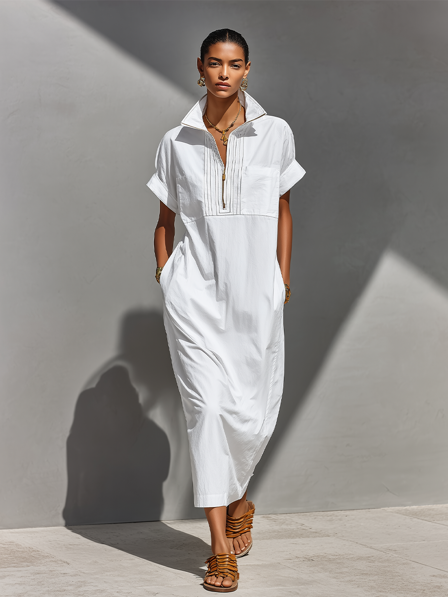 Half-Zip Relaxed Maxi Shirt Dress
