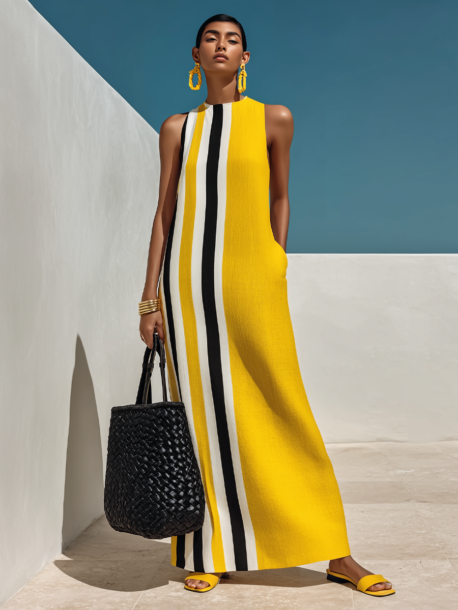 Contrast Print Cotton-Linen Maxi Dress