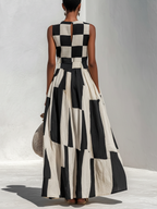 Casual & Stylish Cotton-Linen Blend With Plaid And Stripe Paneling Sleeveless Maxi Dress