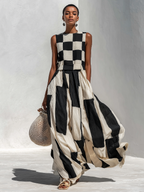 Casual & Stylish Cotton-Linen Blend With Plaid And Stripe Paneling Sleeveless Maxi Dress