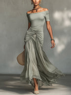 Green Stretch Fabric And Chiffon Maxi Dress