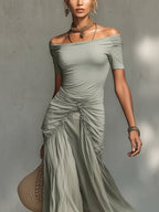 Green Stretch Fabric And Chiffon Maxi Dress