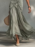 Green Stretch Fabric And Chiffon Maxi Dress