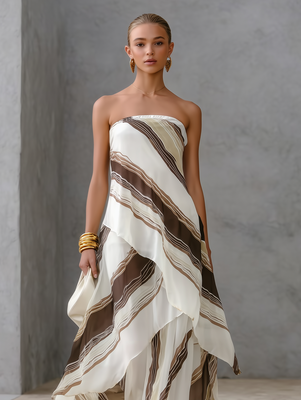 Striped Chiffon Strapless Maxi Dress