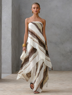 Striped Chiffon Strapless Maxi Dress