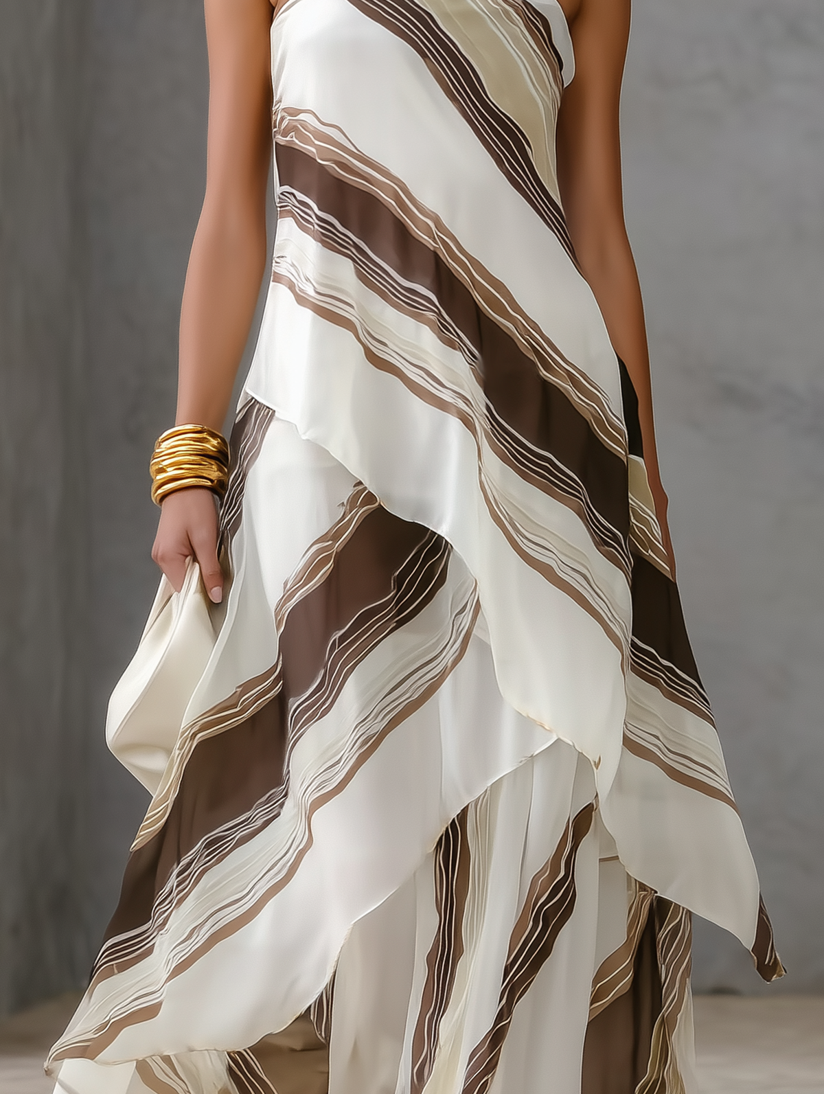 Striped Chiffon Strapless Maxi Dress