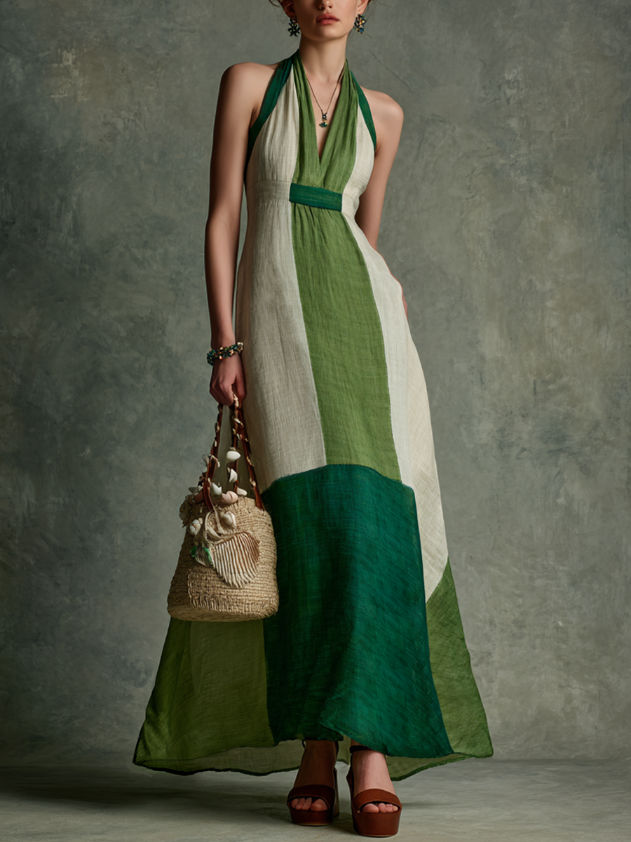Green Horizon Color-Block Halter Maxi Dress