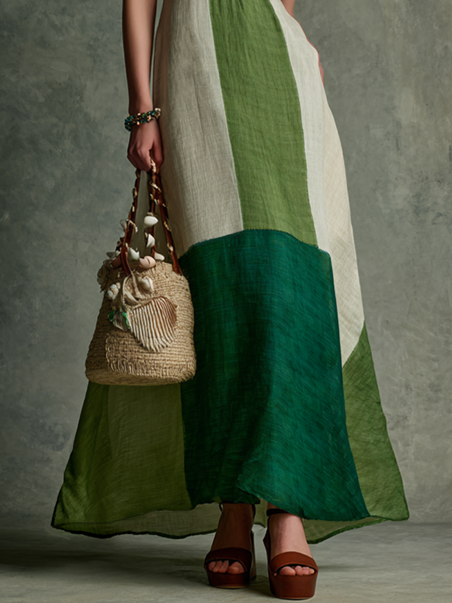 Green Horizon Color-Block Halter Maxi Dress