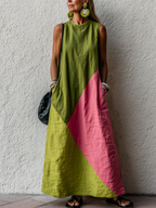 Retro Colorblock Cotton-Linen Maxi Dress