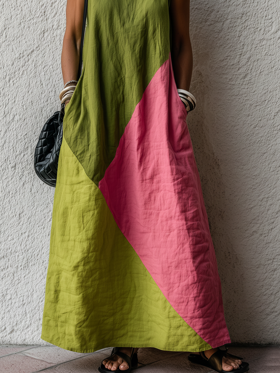 Retro Colorblock Cotton-Linen Maxi Dress