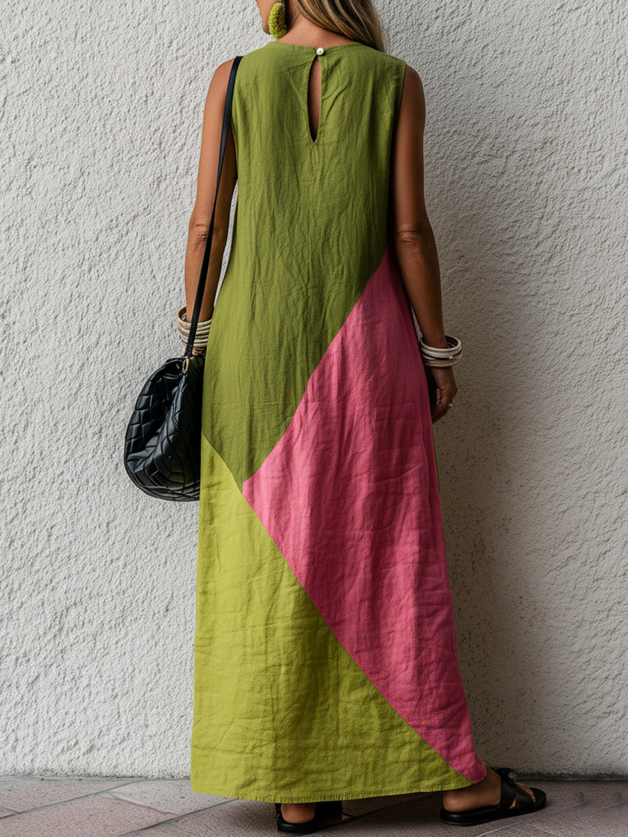 Retro Colorblock Cotton-Linen Maxi Dress