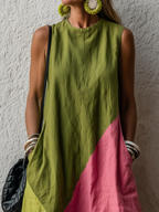 Retro Colorblock Cotton-Linen Maxi Dress