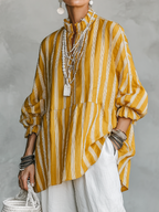 Striped Stand-Collar Linen Shirt