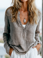 Cotton-Linen Henley Long-Sleeve Shirt
