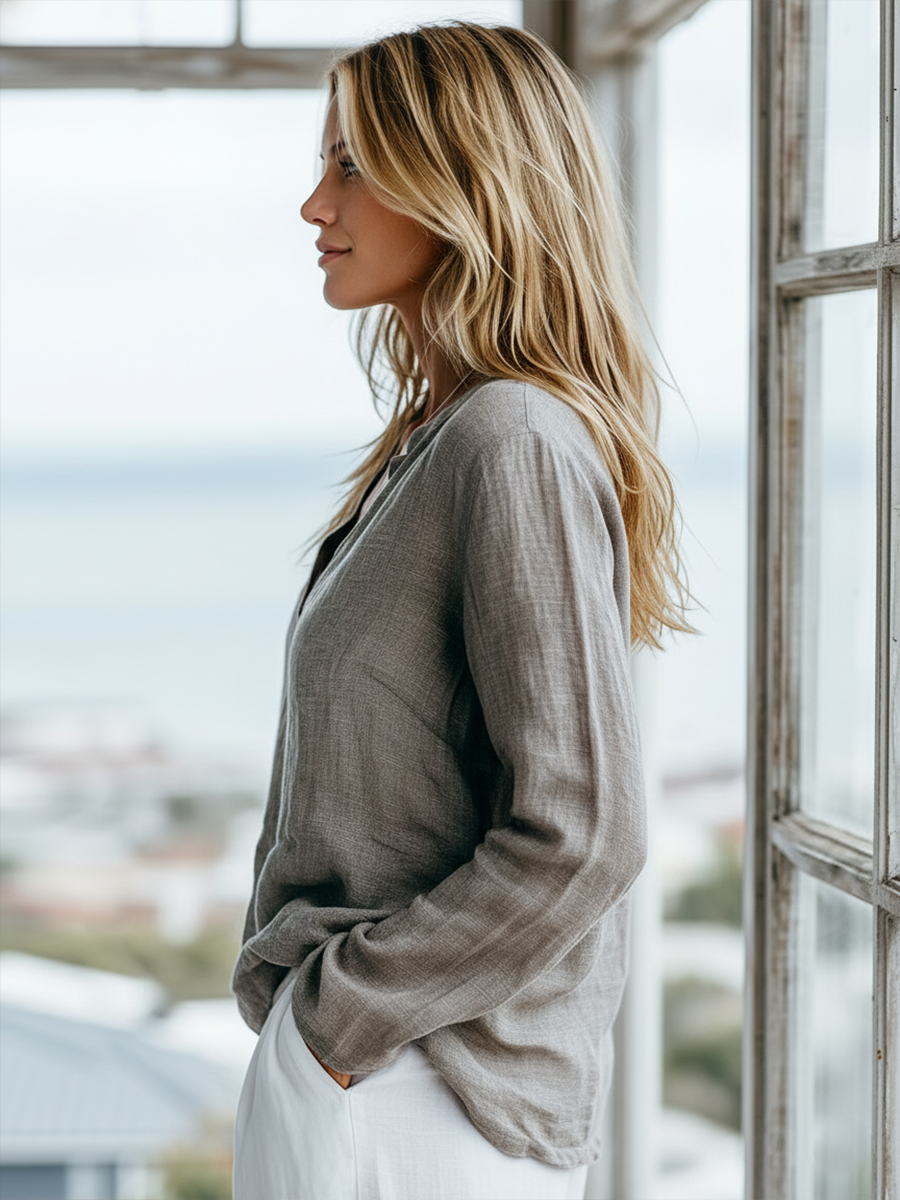 Cotton-Linen Henley Long-Sleeve Shirt