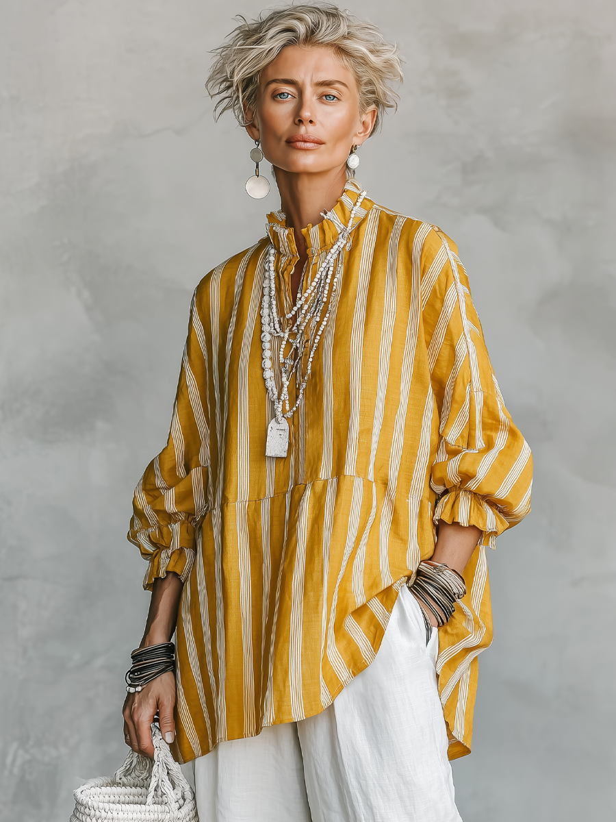 Striped Stand-Collar Linen Shirt
