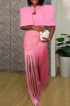 Vestido largo elegante de fiesta de dos piezas con flecos para mujer