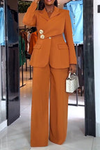Traje Formal de Temperamento para Ir al Trabajo: Chaqueta con Cuello y Empalmes para Mujer + Pantalones de Pierna Ancha
