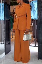 Traje Formal de Temperamento para Ir al Trabajo: Chaqueta con Cuello y Empalmes para Mujer + Pantalones de Pierna Ancha