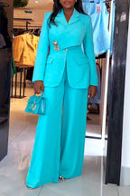 Traje Formal de Temperamento para Ir al Trabajo: Chaqueta con Cuello y Empalmes para Mujer + Pantalones de Pierna Ancha