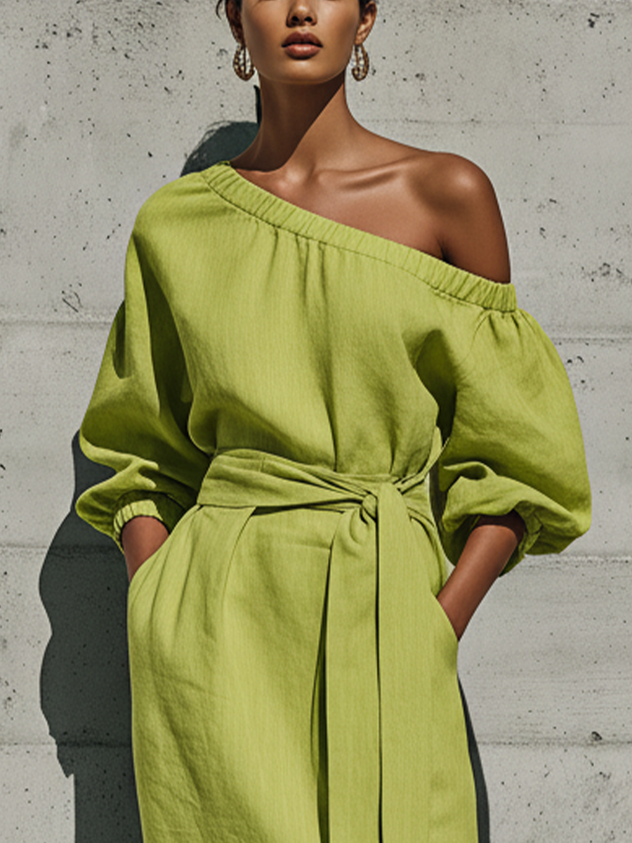 Off-Shoulder Linen Midi Dress