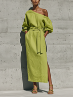 Off-Shoulder Linen Midi Dress
